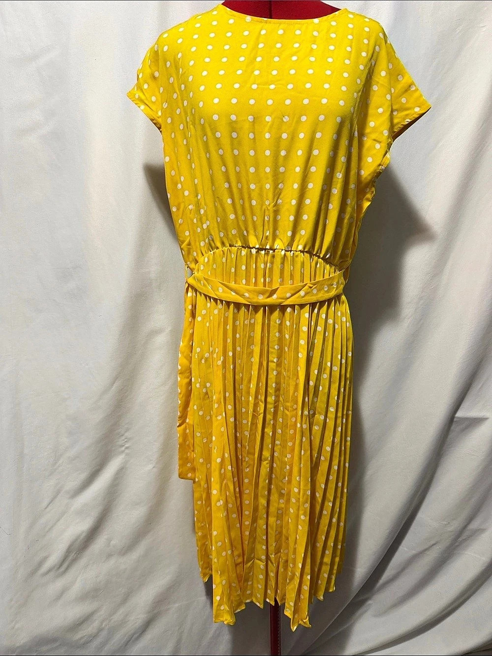 Yellow Polka Dot Pleated Midi Dress